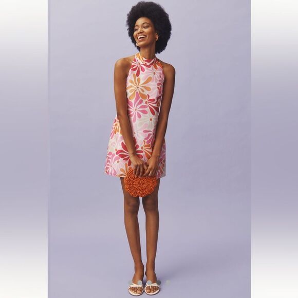 NWT Hutch Jones Halter Mini Dress |Anthropologie Power Flower Pink Large - Picture 14 of 14